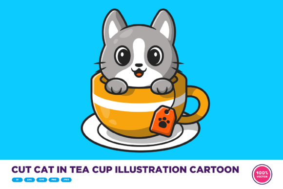 Cute Cat in Tea Cup Illustration Cartoon