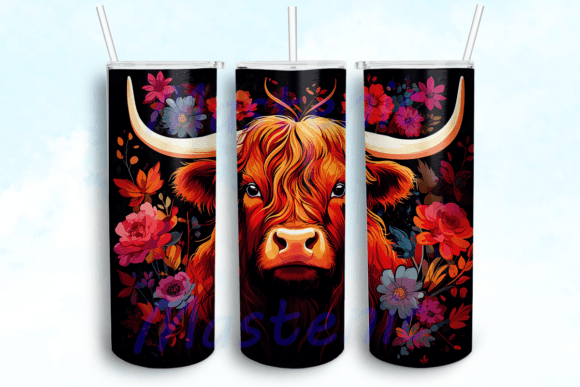 Flowers Highland Cow Tumbler PNG: Graphics for Crafts