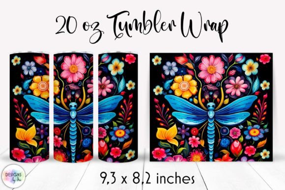 Folk Dragonfly with Flowers Tumbler Wrap: Graphics for Vibrant Tumbler Wraps