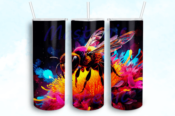 Neon Bee on Flowers Graphics for Crafts