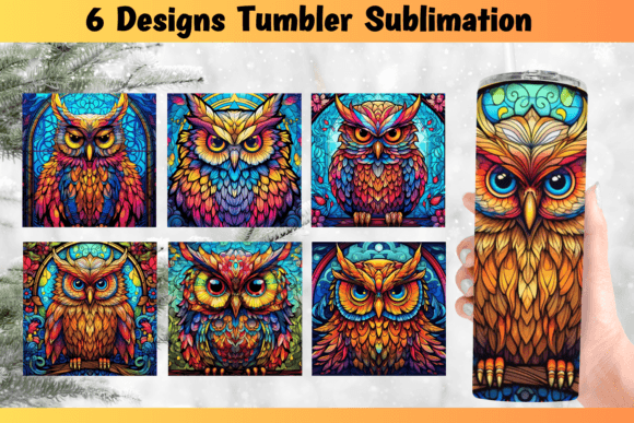 Owl Stained Glass Tumbler Wrap PNG: Graphics for Crafts