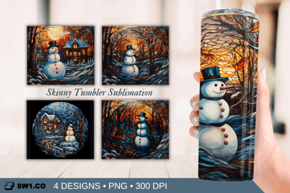 Snowman Stained Glass Tumbler Wrap PNG: Graphics for Crafts