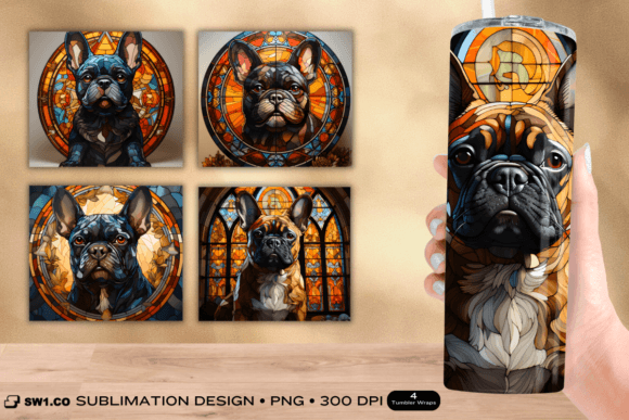 Stained Glass Bulldog Tumbler Wrap PNG: Graphics for Crafts-Driven Branding