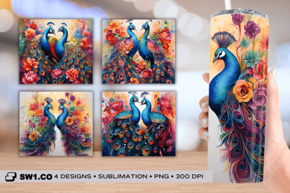 Twin Peacock Painting Tumbler Wrap PNG: Graphics for Crafts