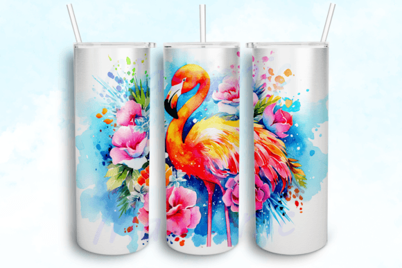 Watercolor Flamingo with Flowers Tumbler Graphics